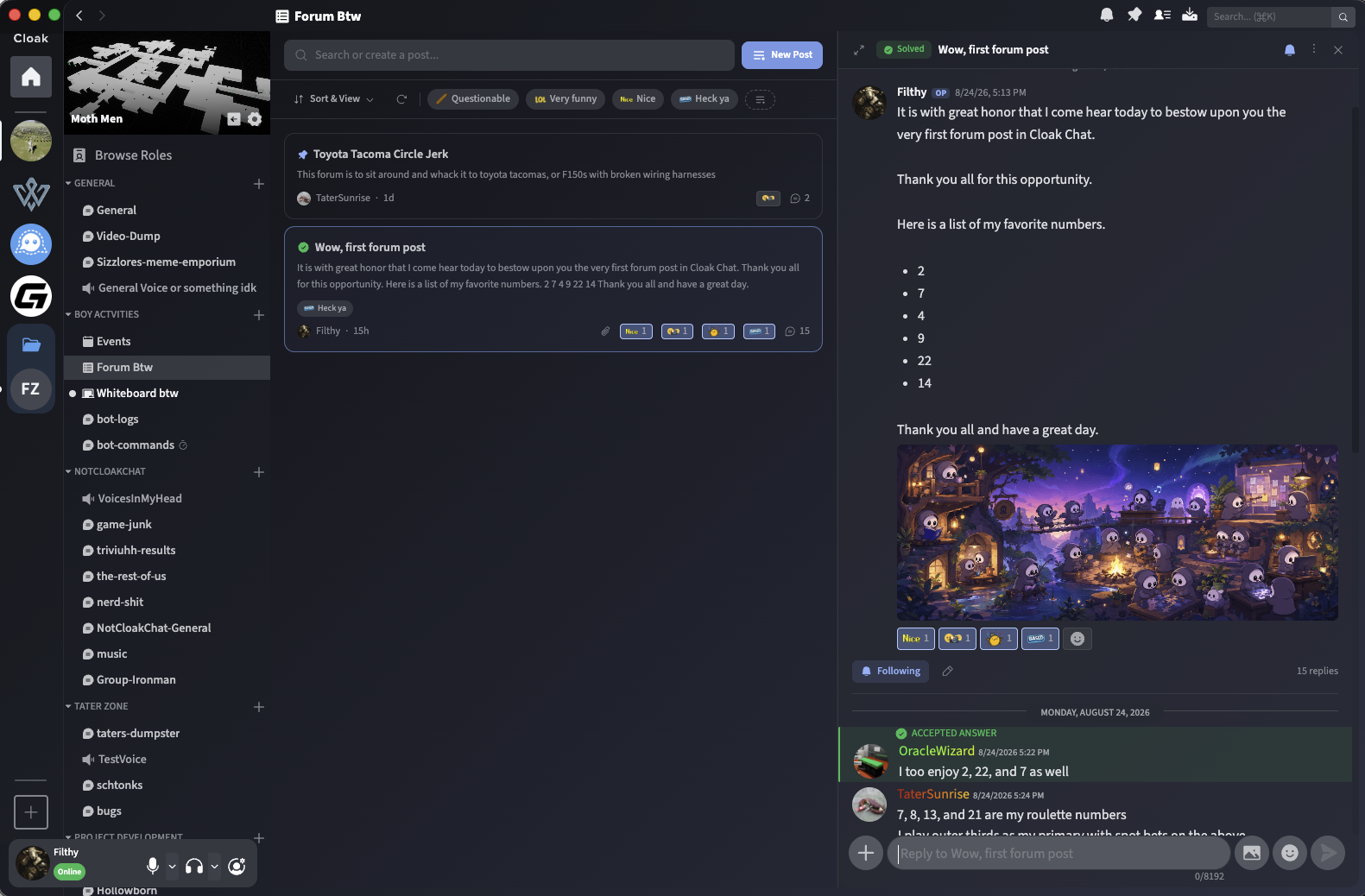 A forum channel in Cloak with threaded posts and replies