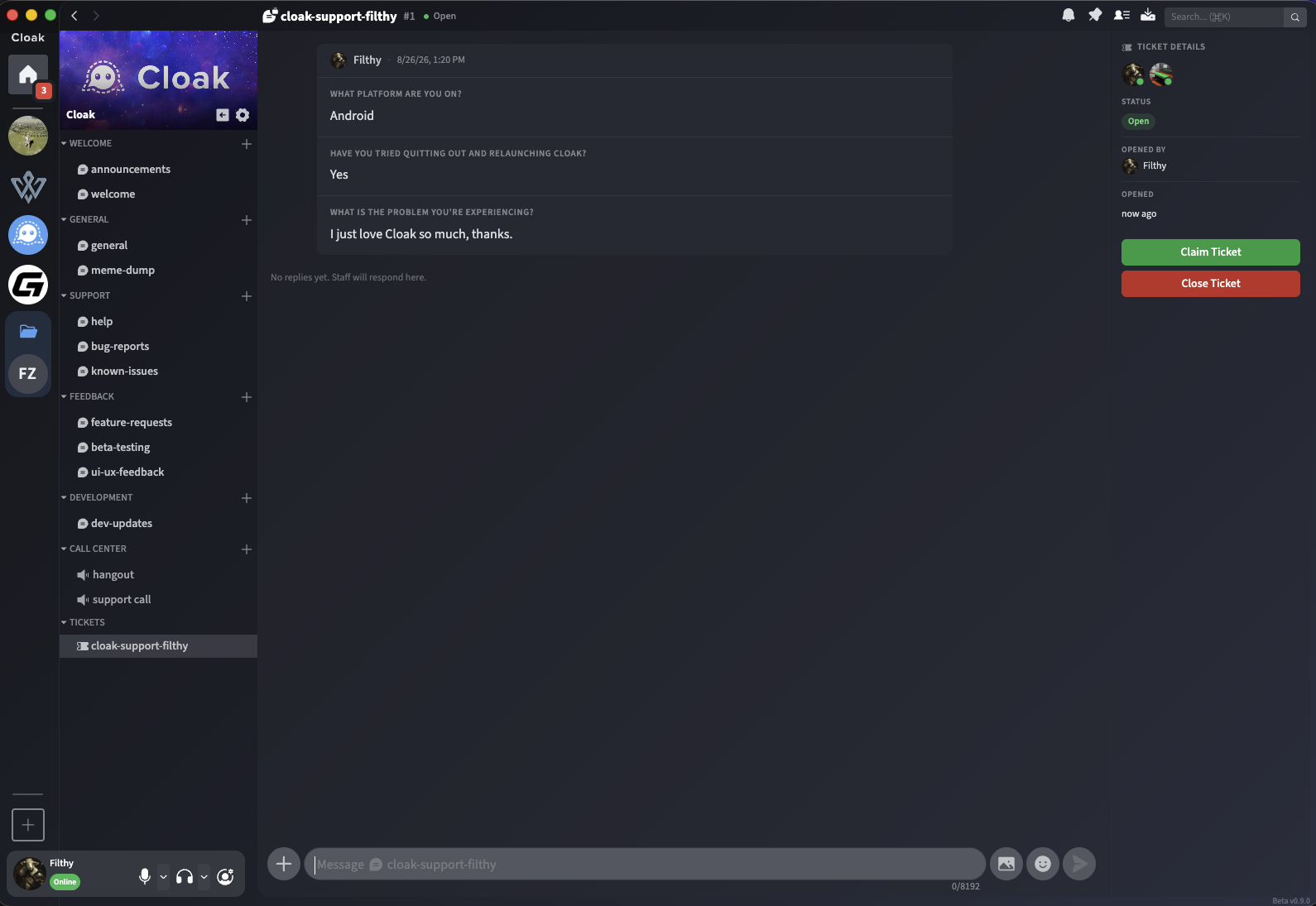 The ticket queue of a Cloak community, with open tickets and staff replies