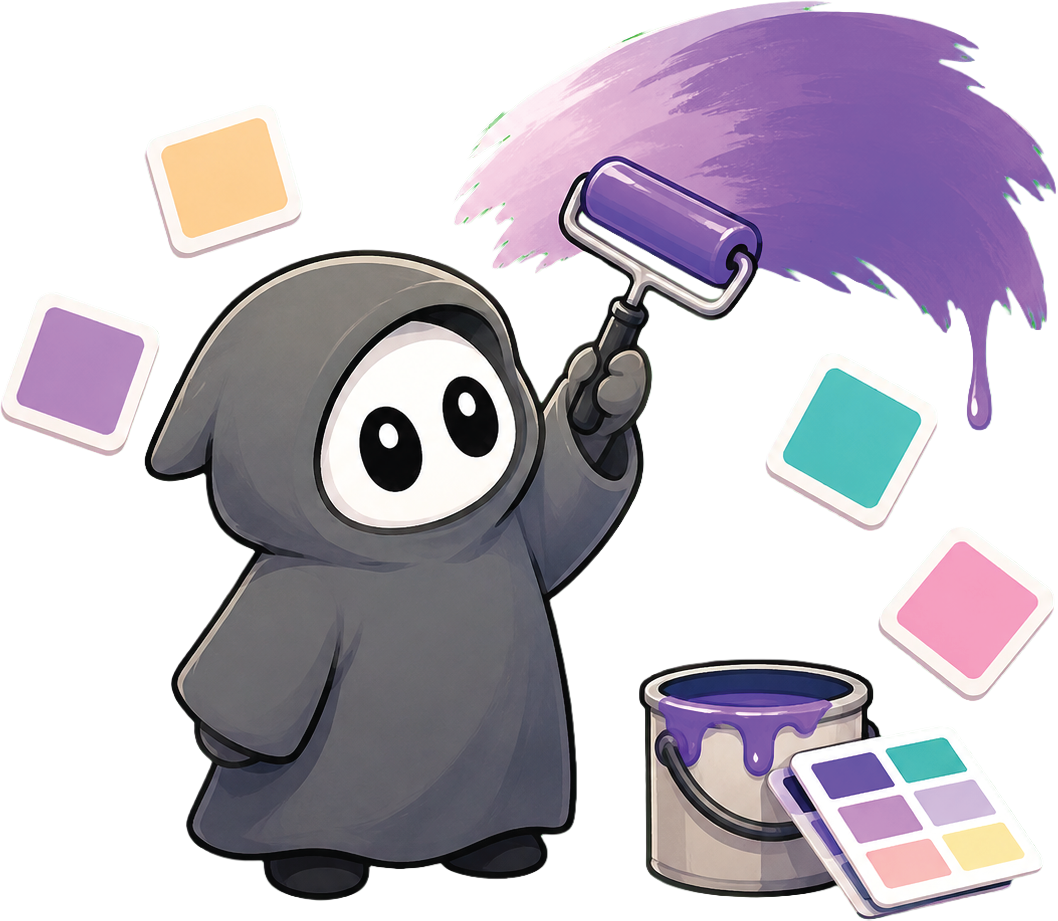 Wisp painting with a roller, surrounded by color swatches