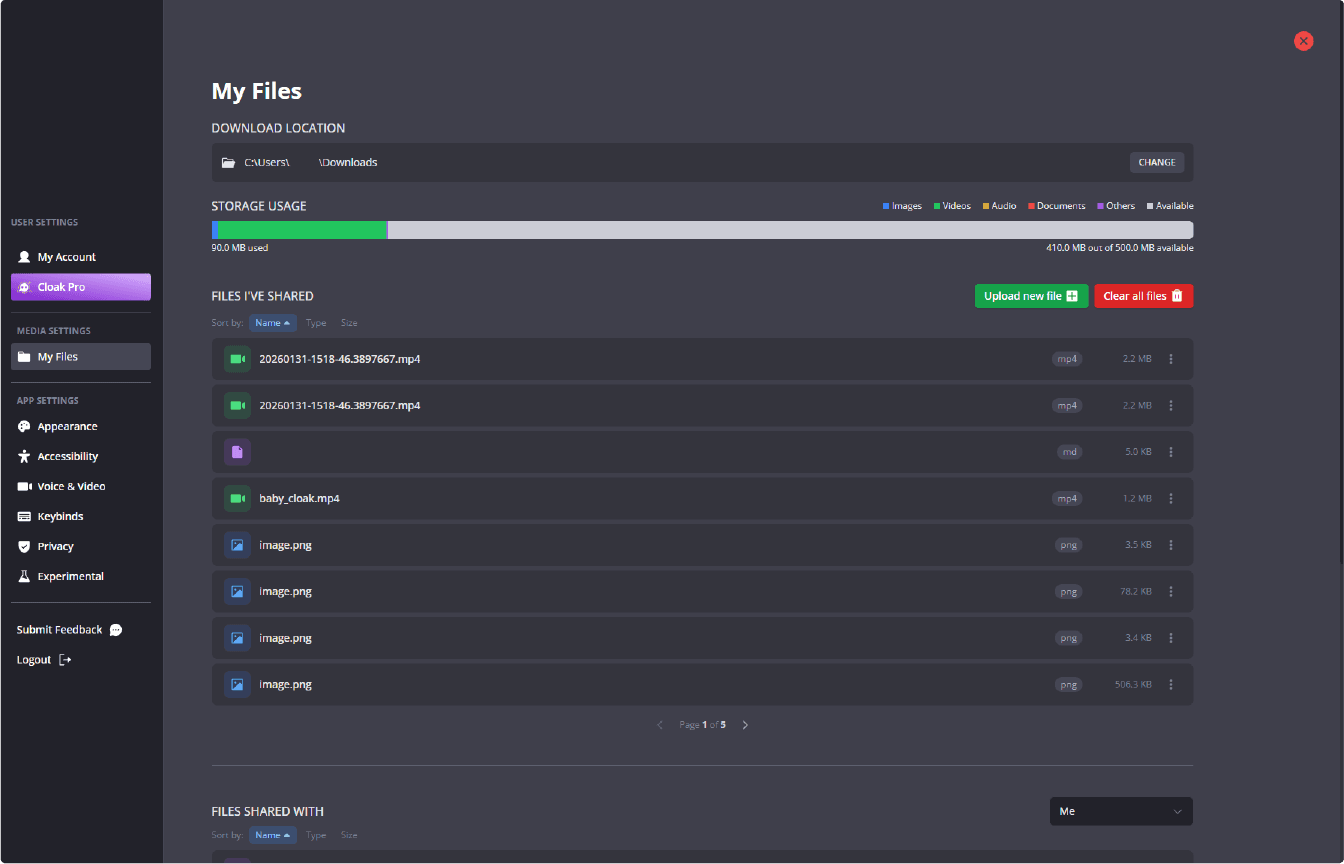 Cloak encrypted file sharing and vault management interface
