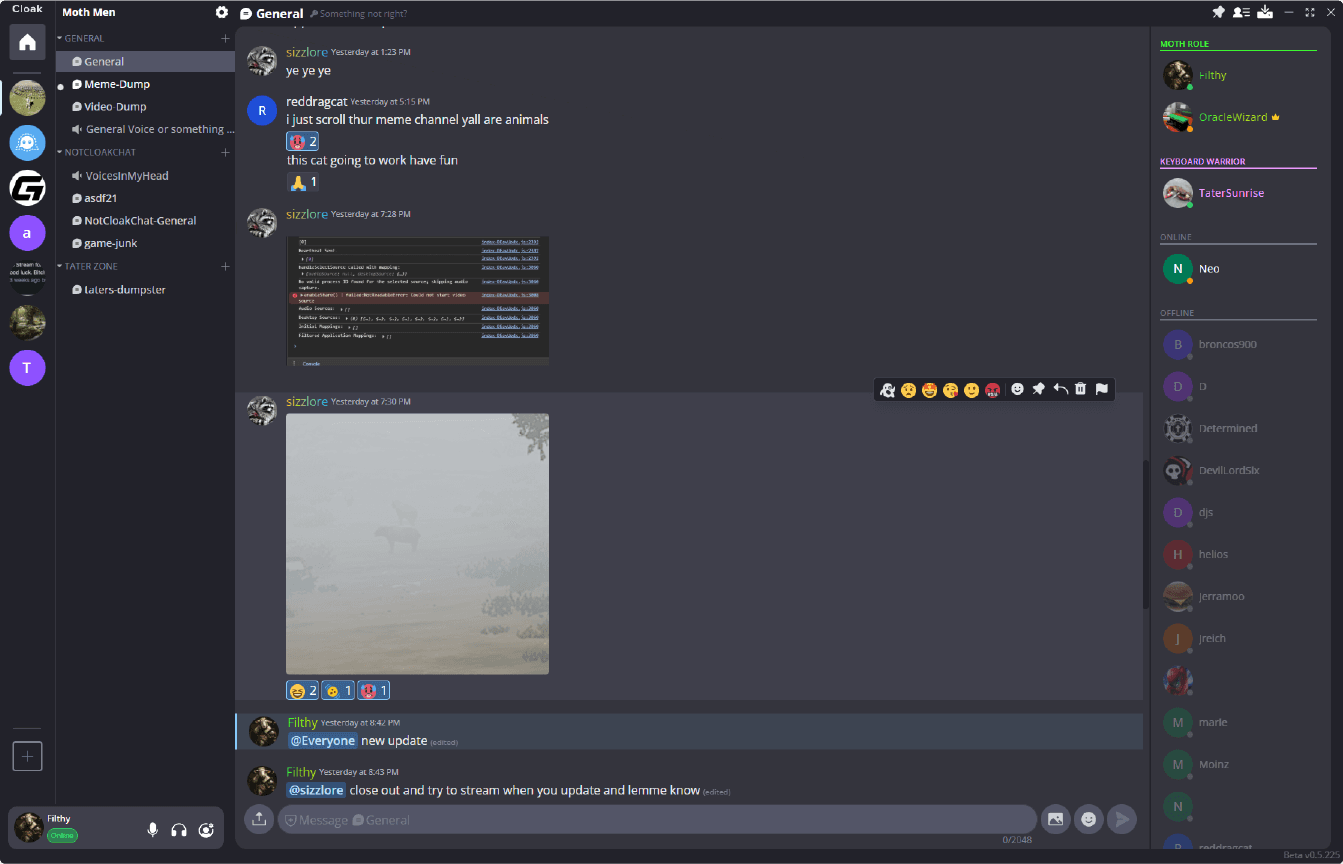 Cloak Chat encrypted messaging interface showing secure chat rooms with end-to-end encryption