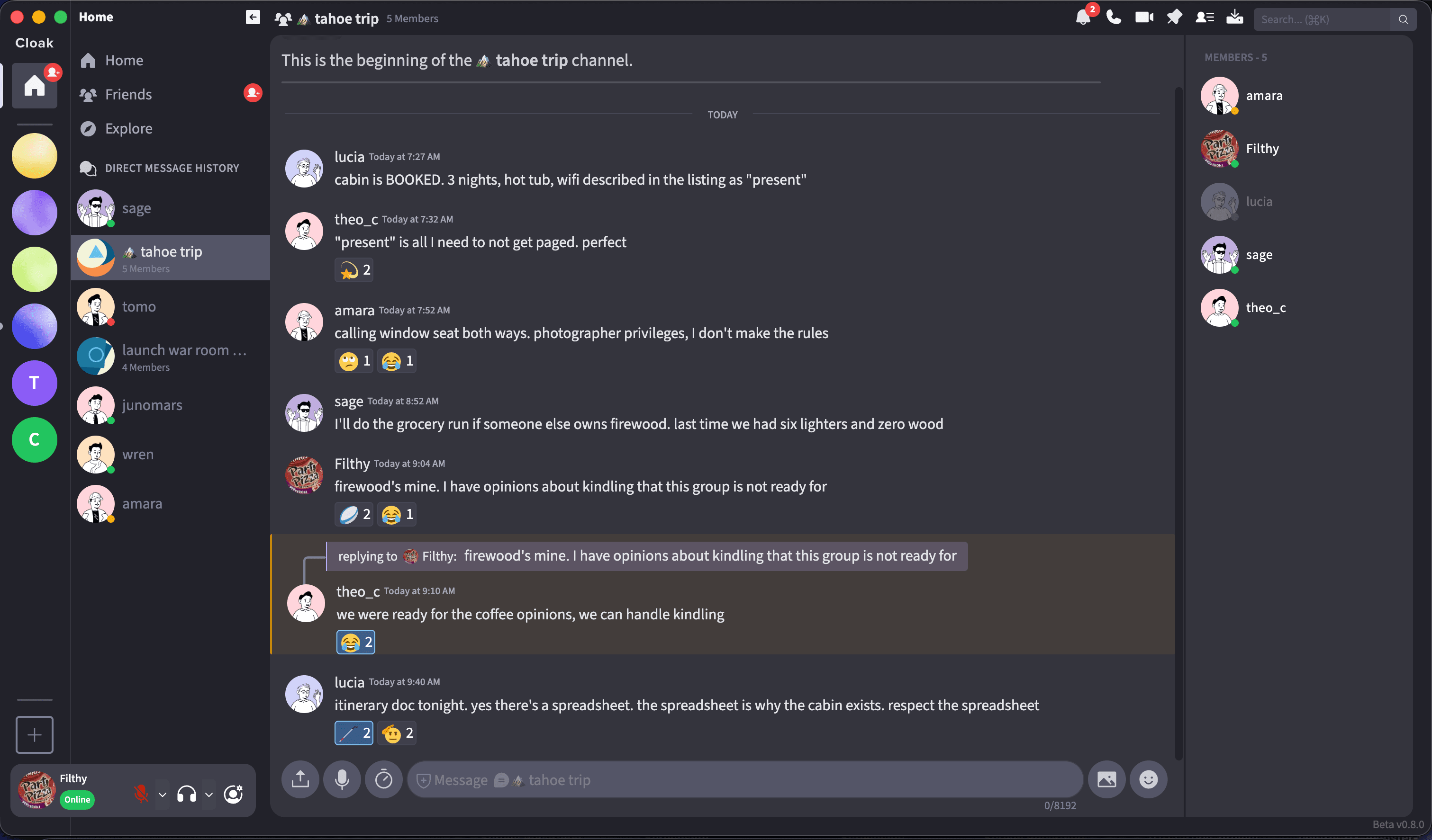 An encrypted group DM in Cloak with replies and reactions