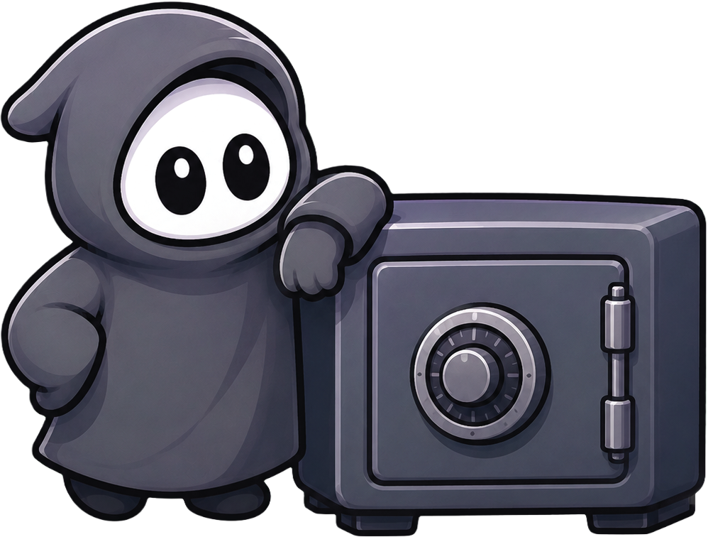 Wisp leaning on a locked safe